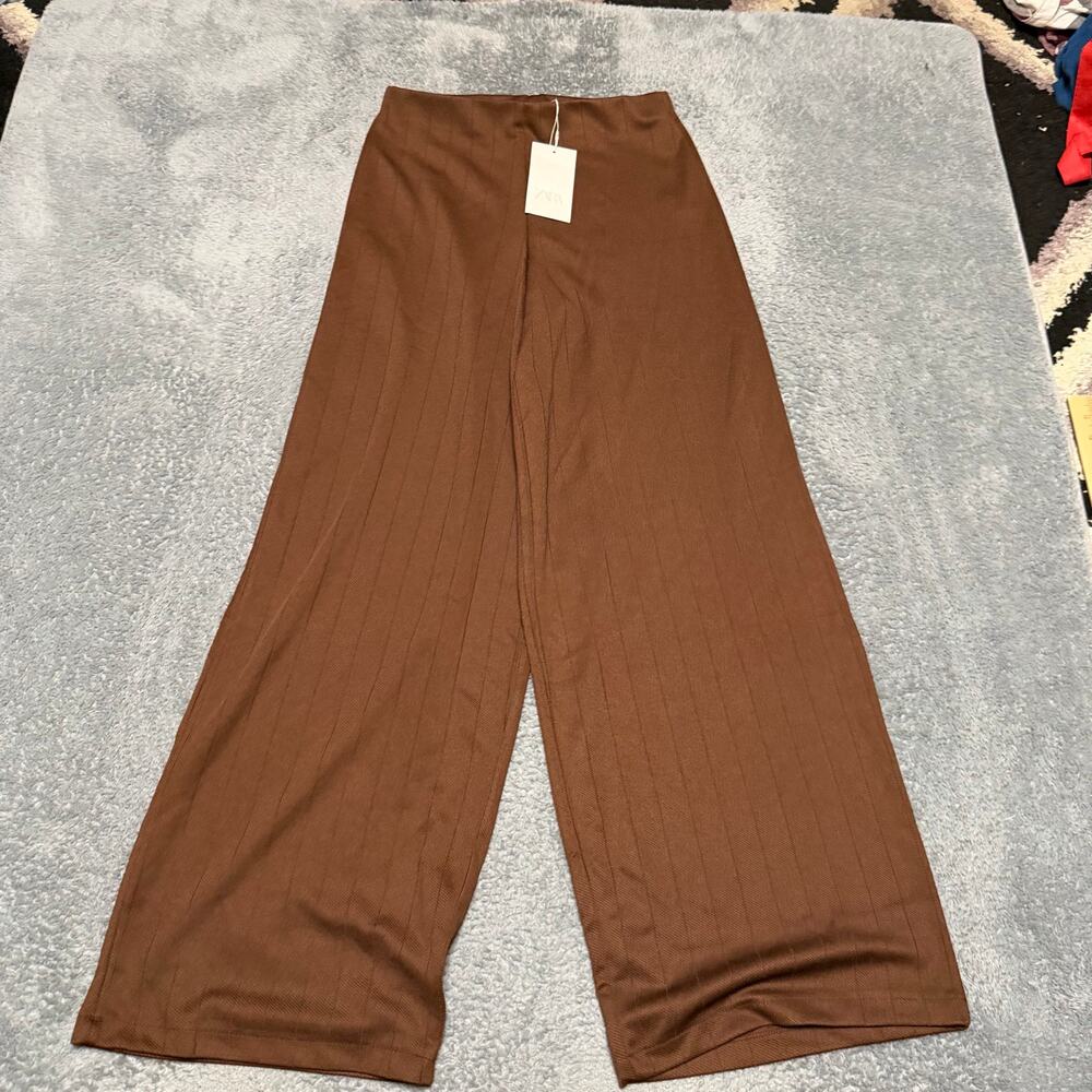 Zara Pants Womens Medium Brown High Waisted Wide Leg Ribbed Trousers Relaxed Fit